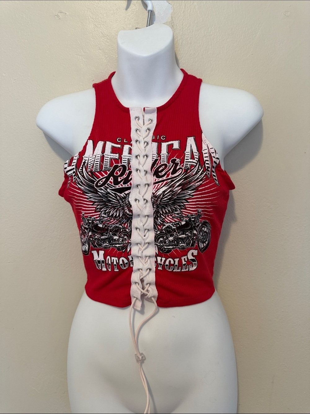 Windsor Red Lace-Up Graphic Ribbed Crop Tank
